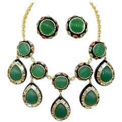 Vintage Unsigned Lucien Piccard Amazing Green Melon Glass Bib Necklace Set 11