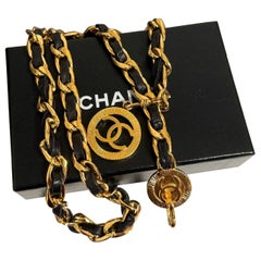 CHANEL Vintage Black Leather Gold CC Logo Chain Belt/Necklace