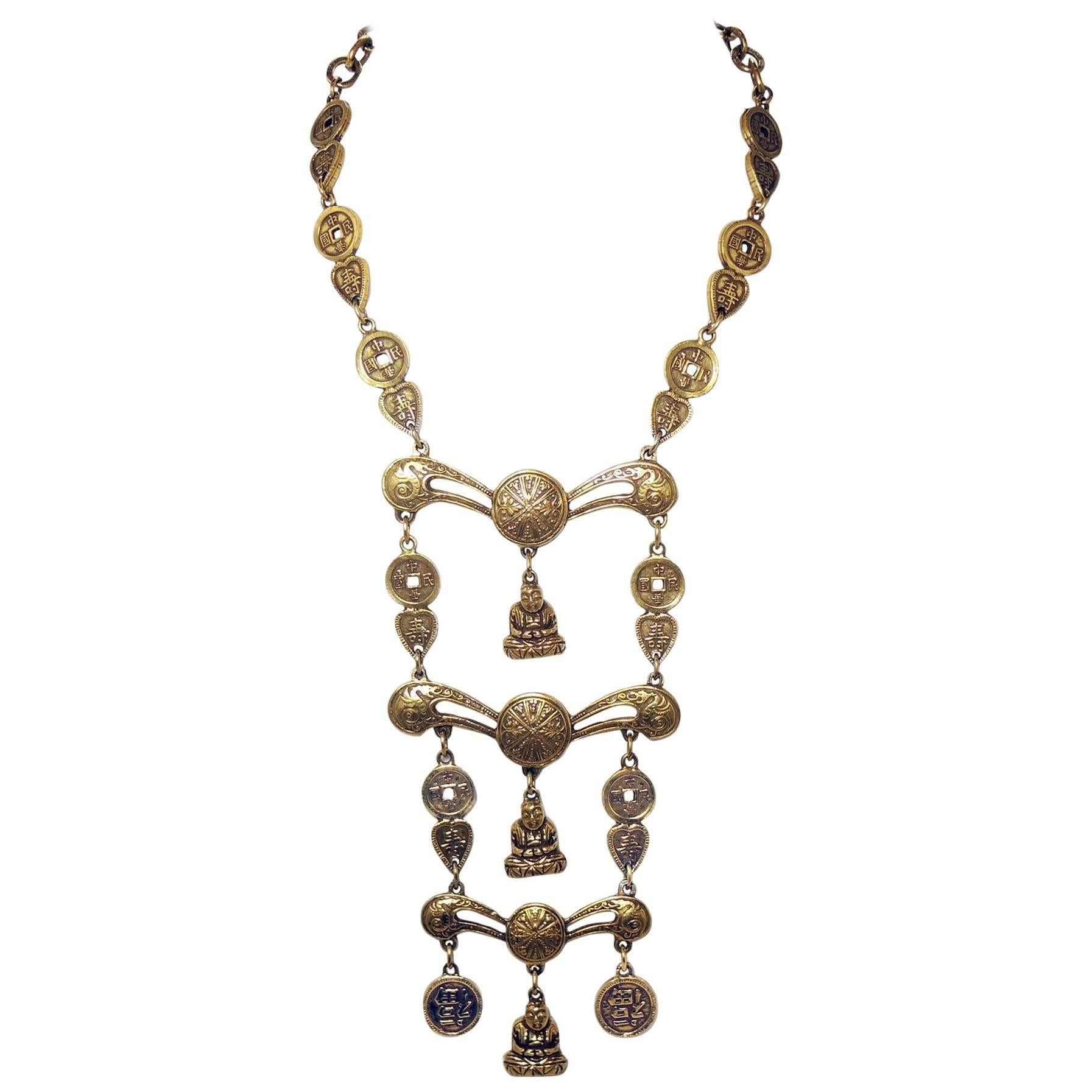 Accessocraft NYC Vintage Tiered Buddha Asian Necklace, 1950s 