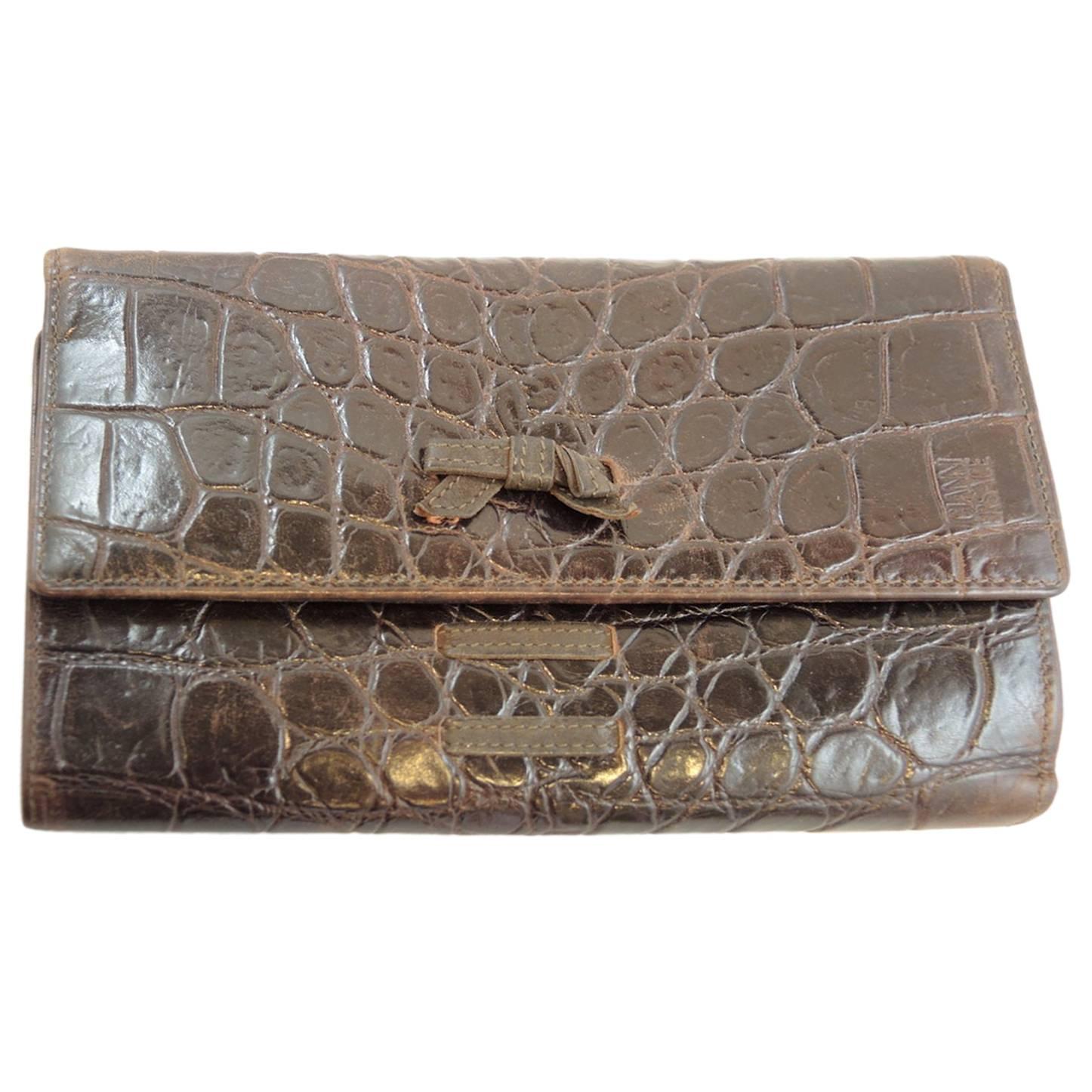 Vintage Gianni Versace Brown Crocodile Embossed Leather Wallet