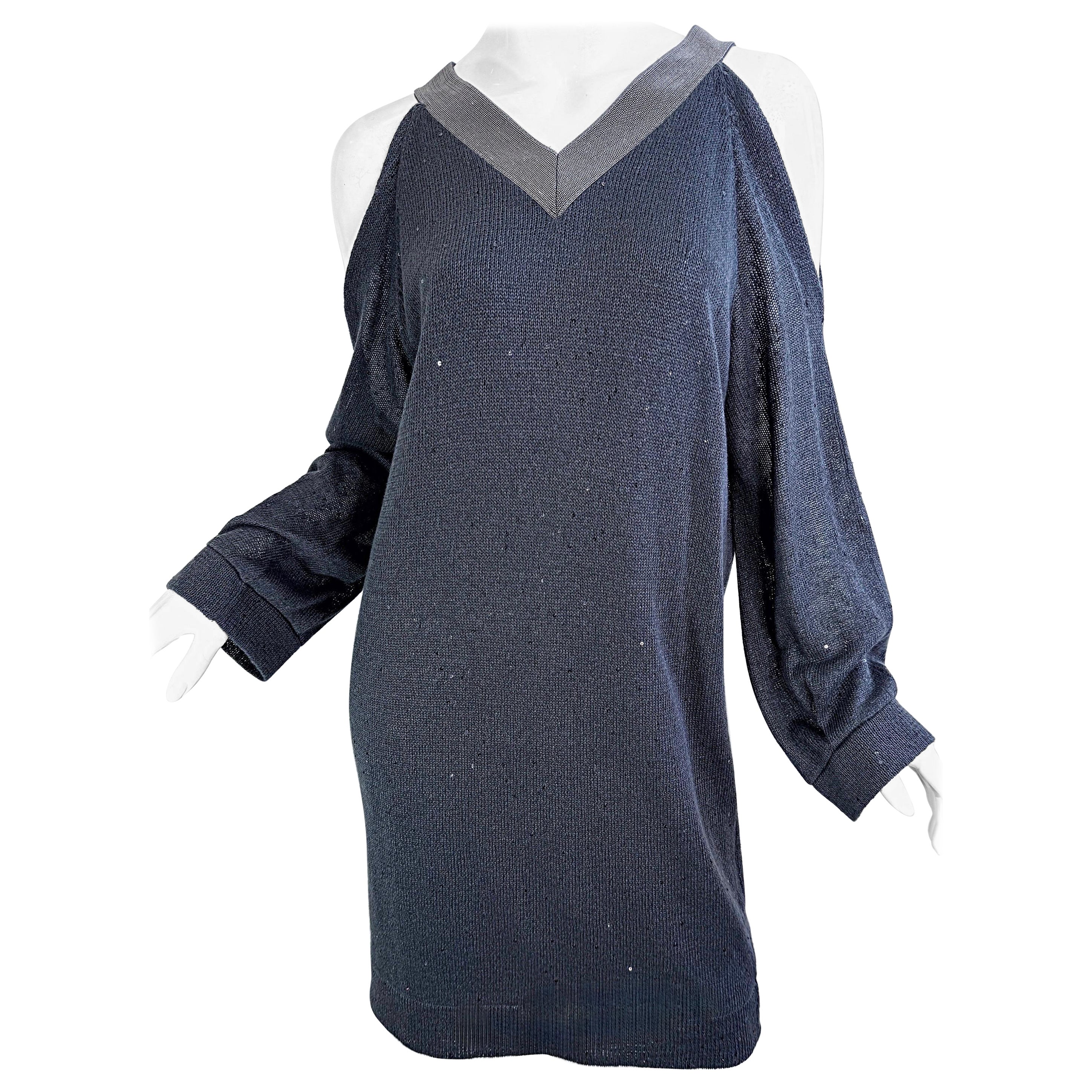 Brunello Cuccinelli Pailletten Leinen Seide Kalte Schulter Tunika Pullover Kleid M im Angebot