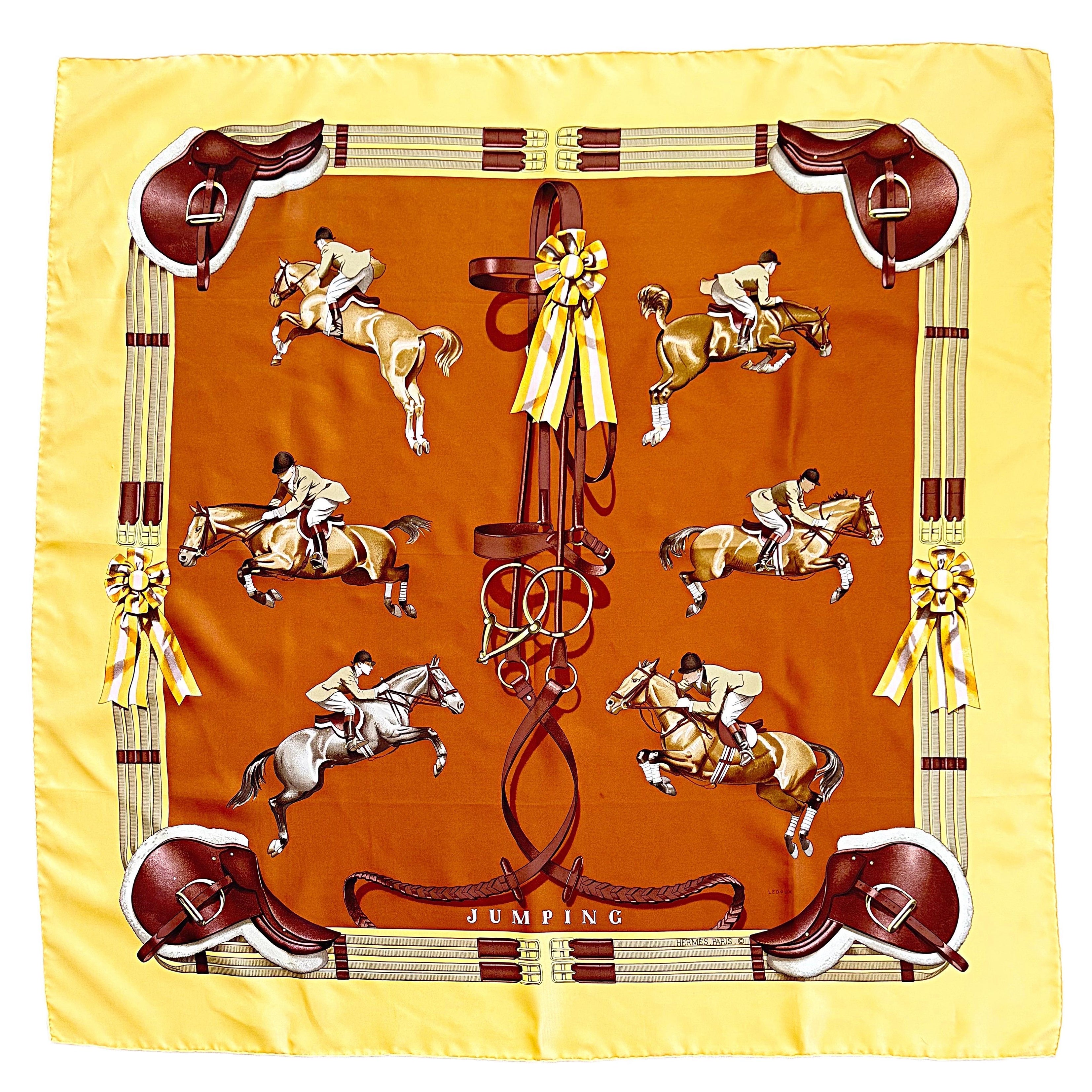 Pañuelo de seda Hermès Vintage "Jumping" Philippe Ledoux Ecuestre 35" Vintage Años 70