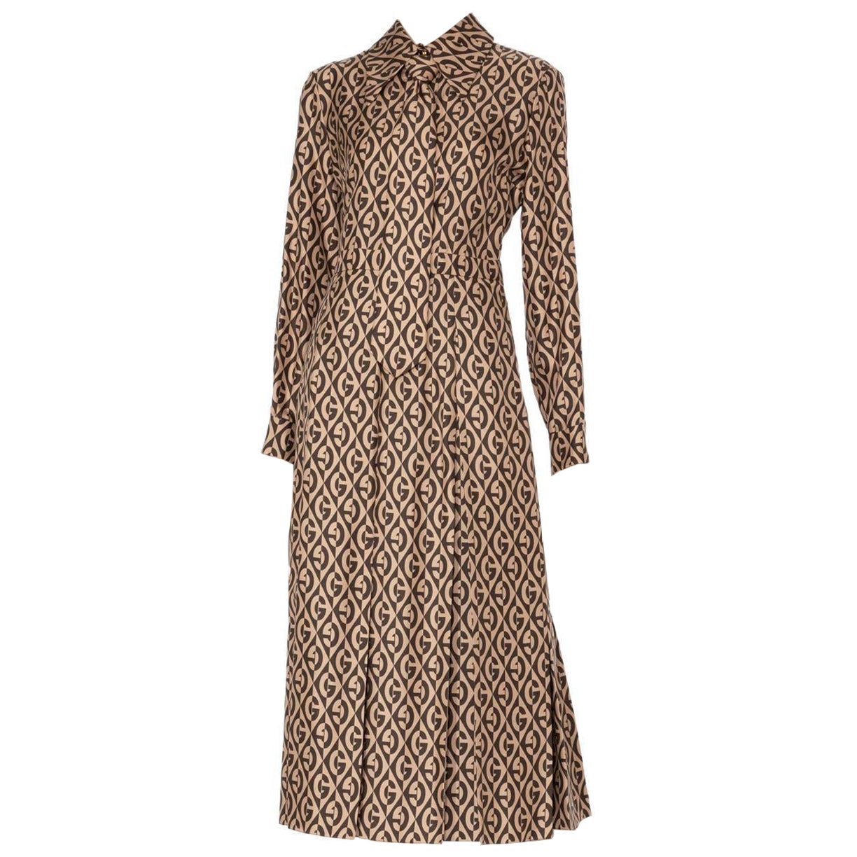Gucci G Rhombus Braun & Elfenbein Print Kleid Seide 40 IT im Angebot