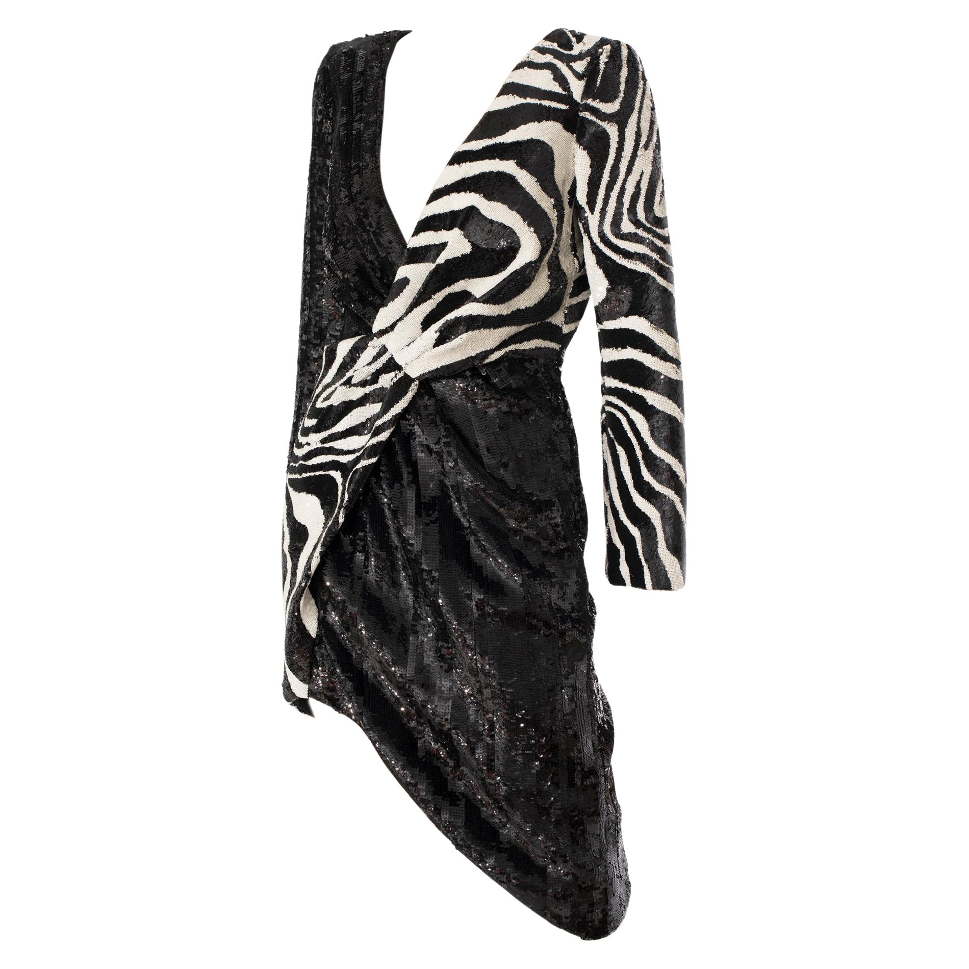 Saint Laurent by Hedi Slimane Abito asimmetrico con stampa zebrata e paillettes 36 FR