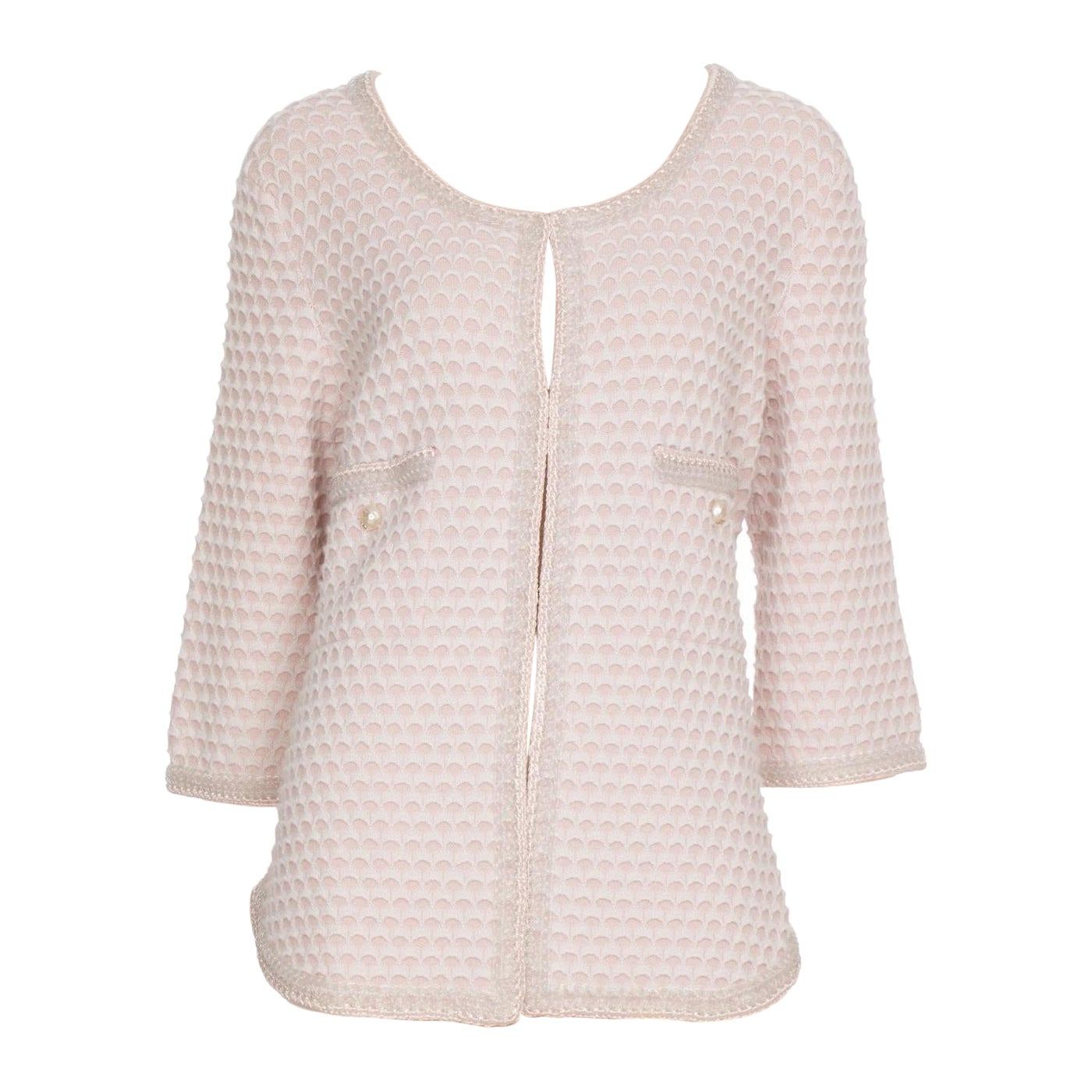 Chanel Cardigan in tweed di cashmere rosa con fascia in vita 42 FR