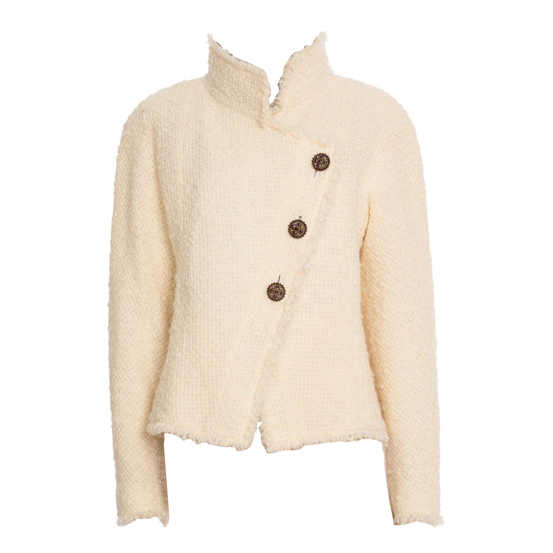 Giacca Chanel in tweed color crema con fodera a quadri 42 FR