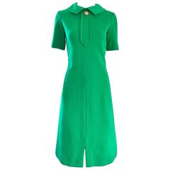 1960s Kelly Green Virgin Wool Knit 60s Vintage Mod Short Sleeve Shift Dress 