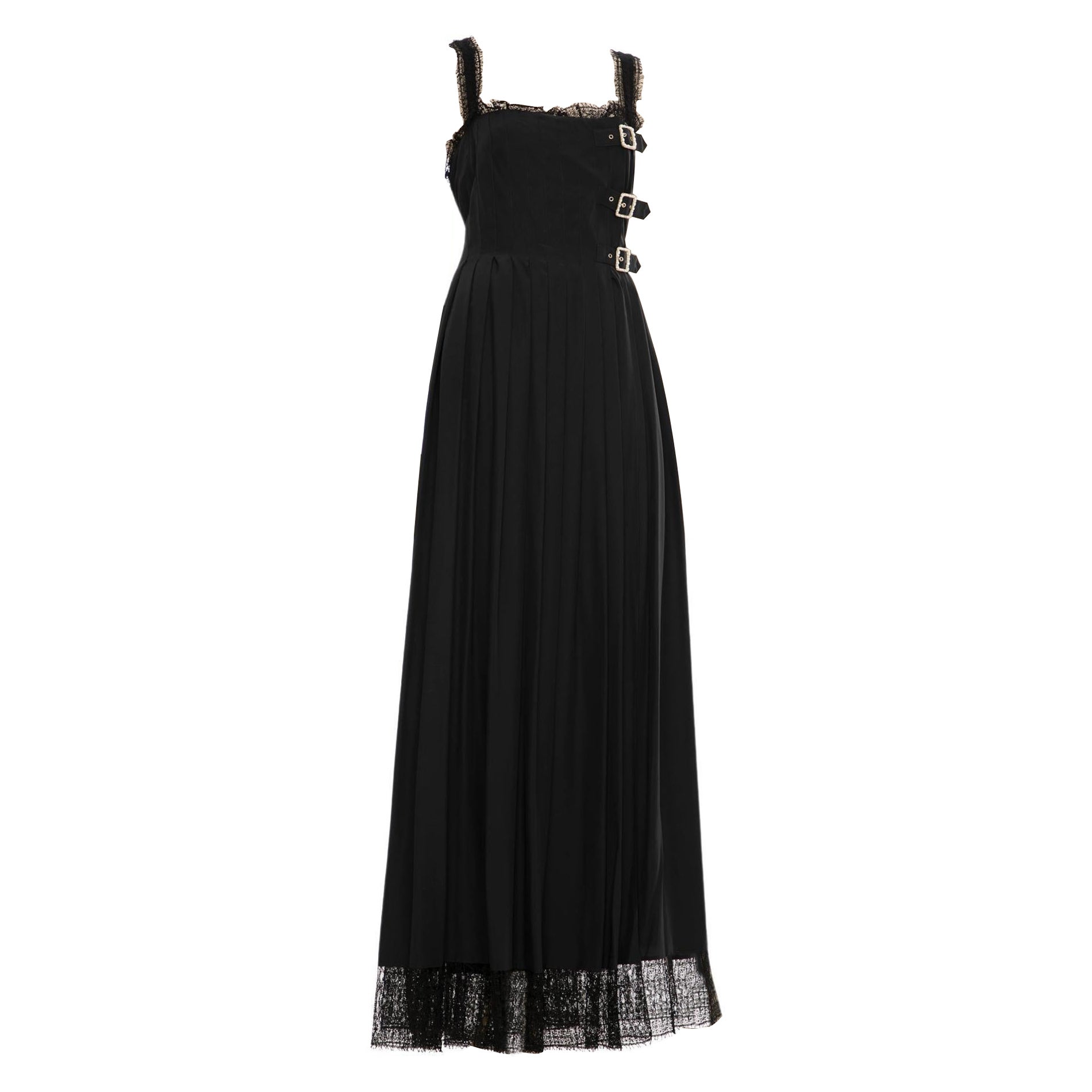 Chanel Schwarzes Kleid mit Spitze & Faux Pearl Schnalle 42 FR