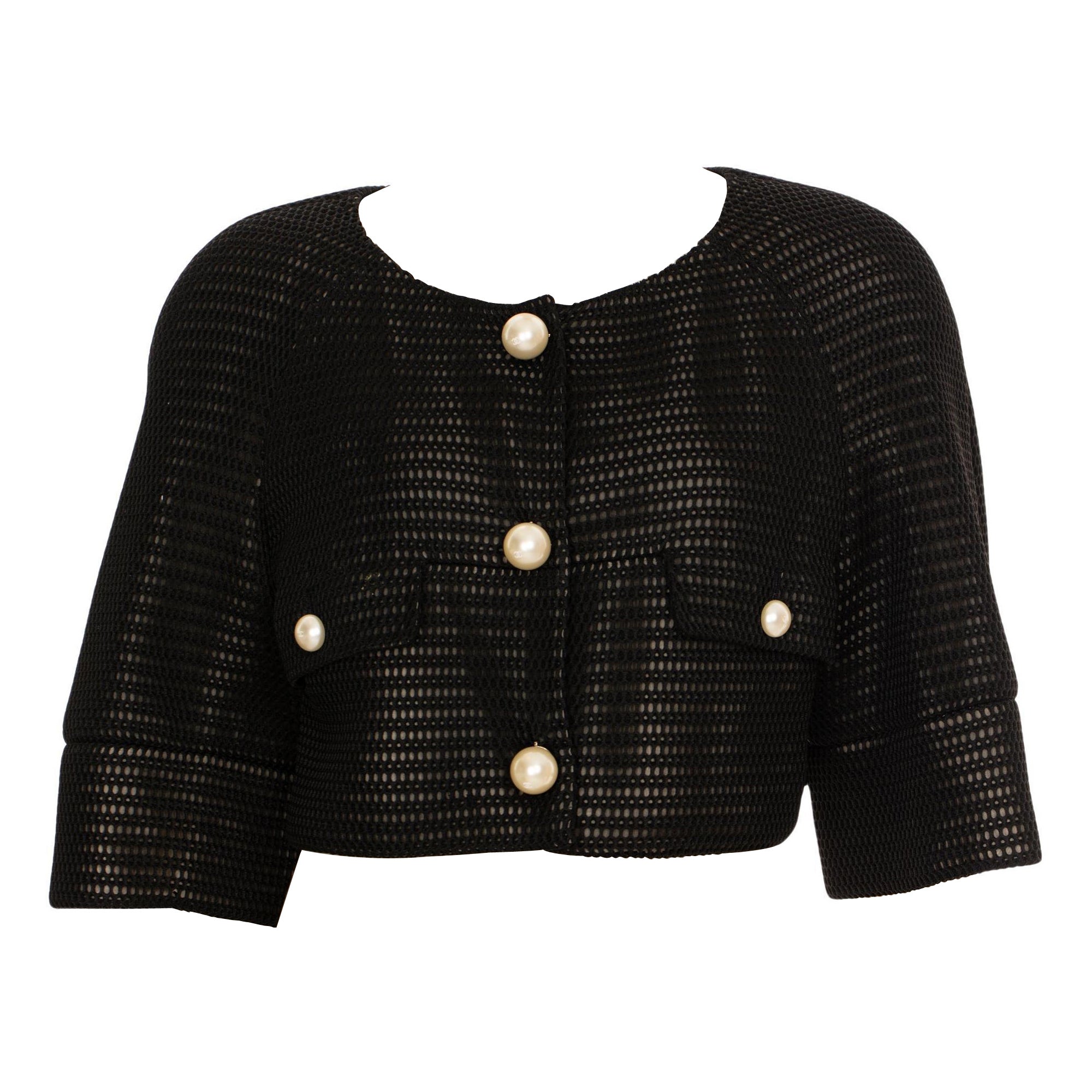 Giacca Chanel Crop Mesh nera con dettagli di perle finte 42 FR in vendita