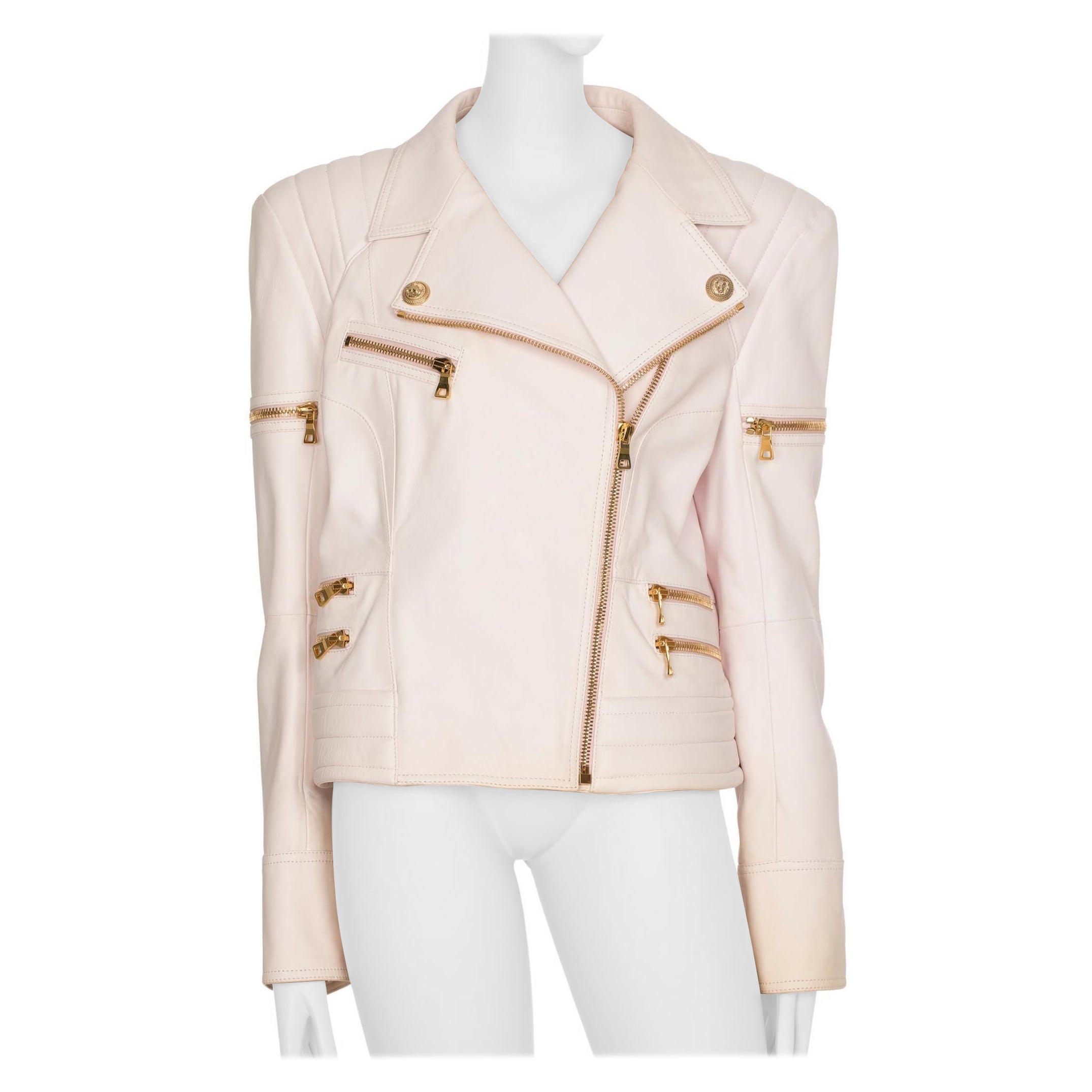Giacca biker in pelle rosa pallido Balmain 44 FR