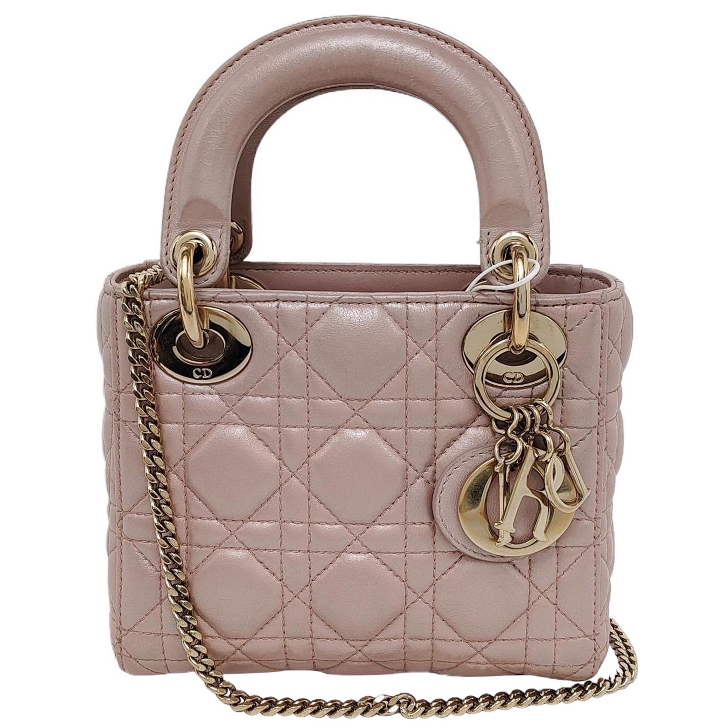 Lady Dior Mini Cuir d'agneau rose nacré Bracelet en chaîne or HW en vente