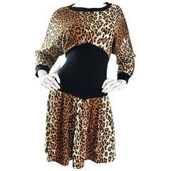 Amazing 1980s Leopard Cheetah Print Dolman Sleeve Vintage 80s Sweatshirt Dress