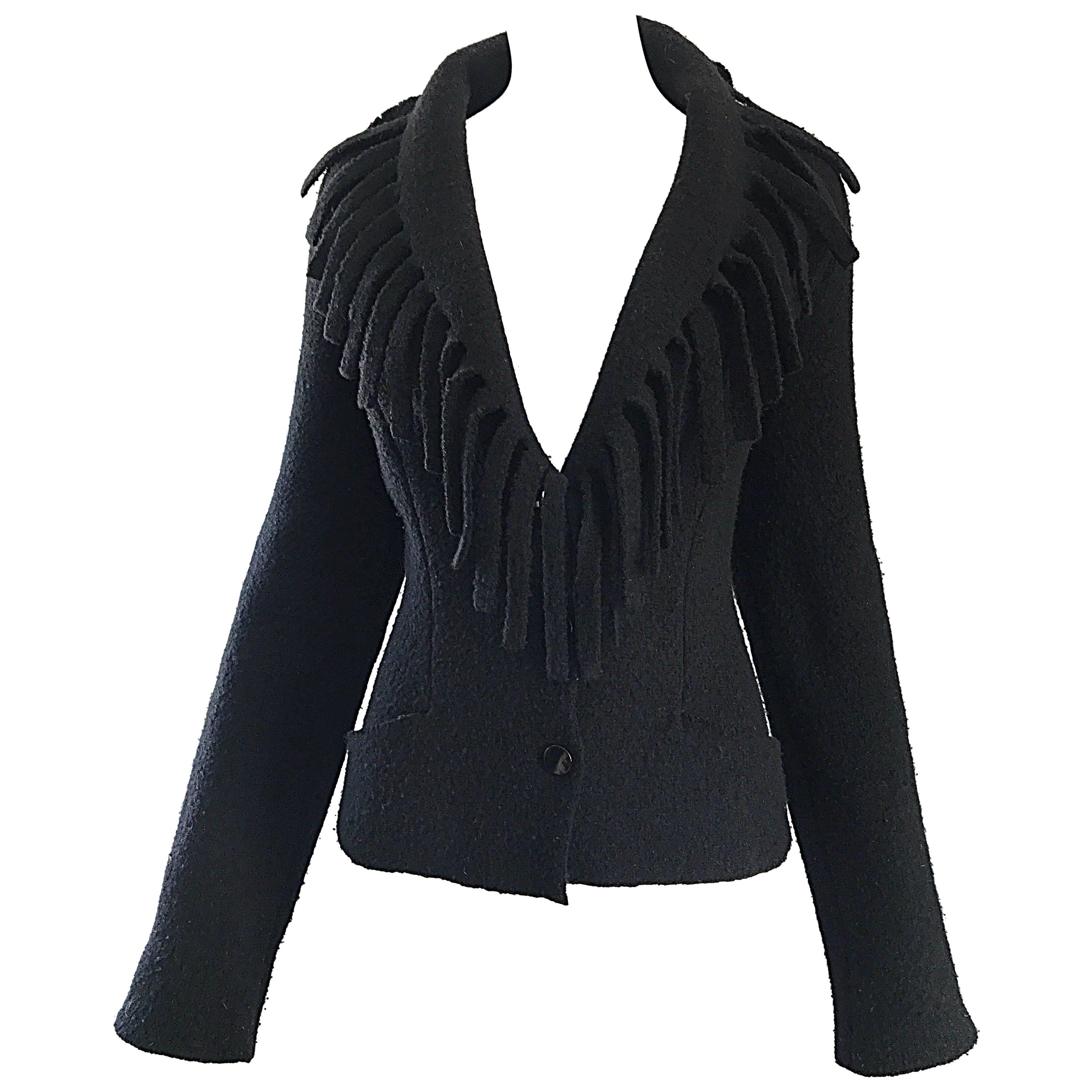 Rare Vintage Thierry Mugler Black Fringe Collar Avant Garde Boiled Wool Jacket  For Sale