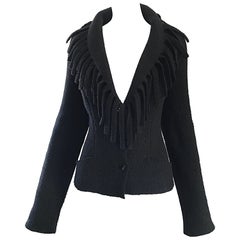 Rare Vintage Thierry Mugler Black Fringe Collar Avant Garde Boiled Wool Jacket