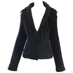 Rare Retro Thierry Mugler Black Fringe Collar Avant Garde Boiled Wool Jacket 