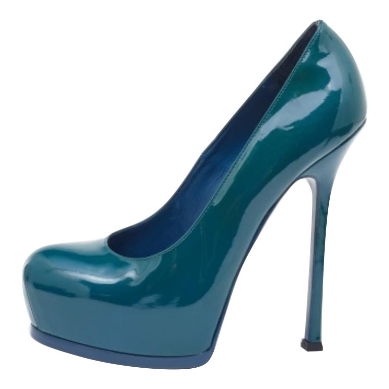 Saint Laurent escarpins à plateforme Tribtoo en cuir verni bleu, taille 40 en vente
