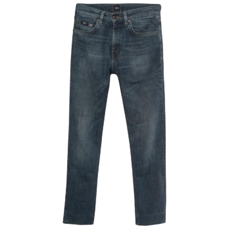 Boss By Hugo Boss Dunkelblau gewaschener Denim Regular Fit Jeans L Taille 30" im Angebot
