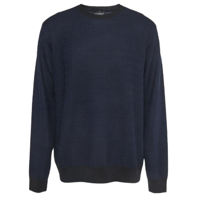 Emporio Armani Marineblau/Schwarz Gemusterte Wolle Strickpullover mit Rundhalsausschnitt 3XL