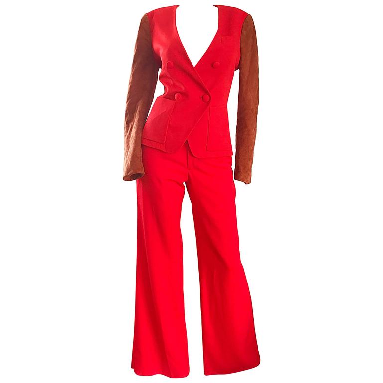 1990s Douglas Hannant Red + Burnt Orange Wool and Suede Leather Wide Leg  Suit For Sale at 1stDibs