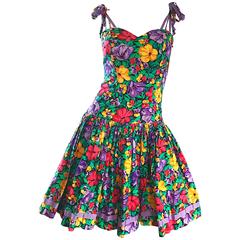 Vintage Blair Woolverton 1980s Floral Ribbon Size 4 Cotton Fit n Flare 80s Dress