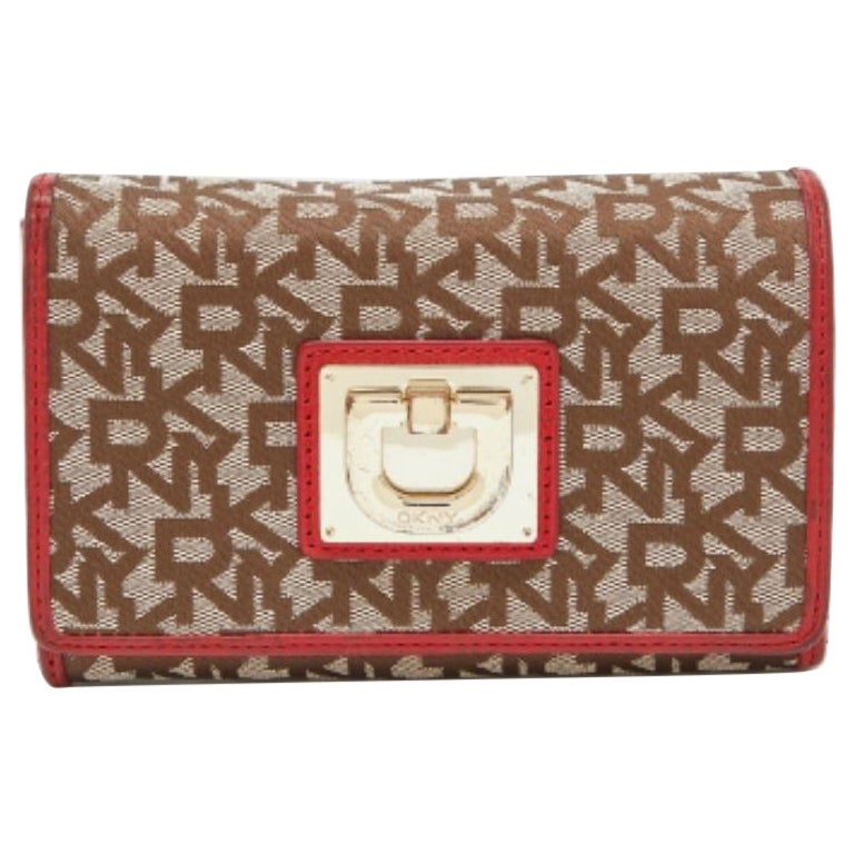 Portafoglio francese in tela e pelle DKNY beige/rosso firmato