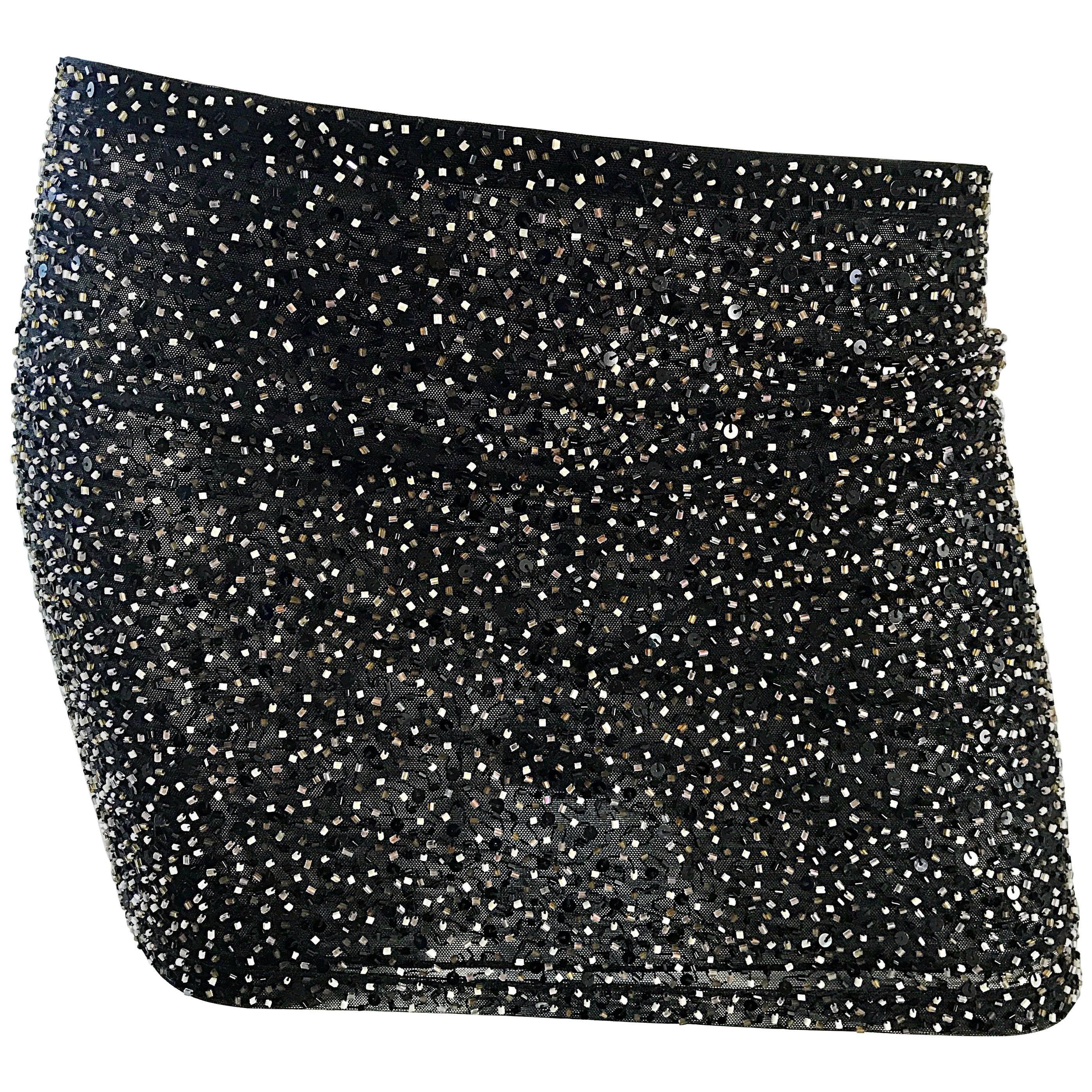 1990s KRIZIA Black + Brown + Silver Fully Beaded Vintage Mini Skirt Or Tube Top For Sale