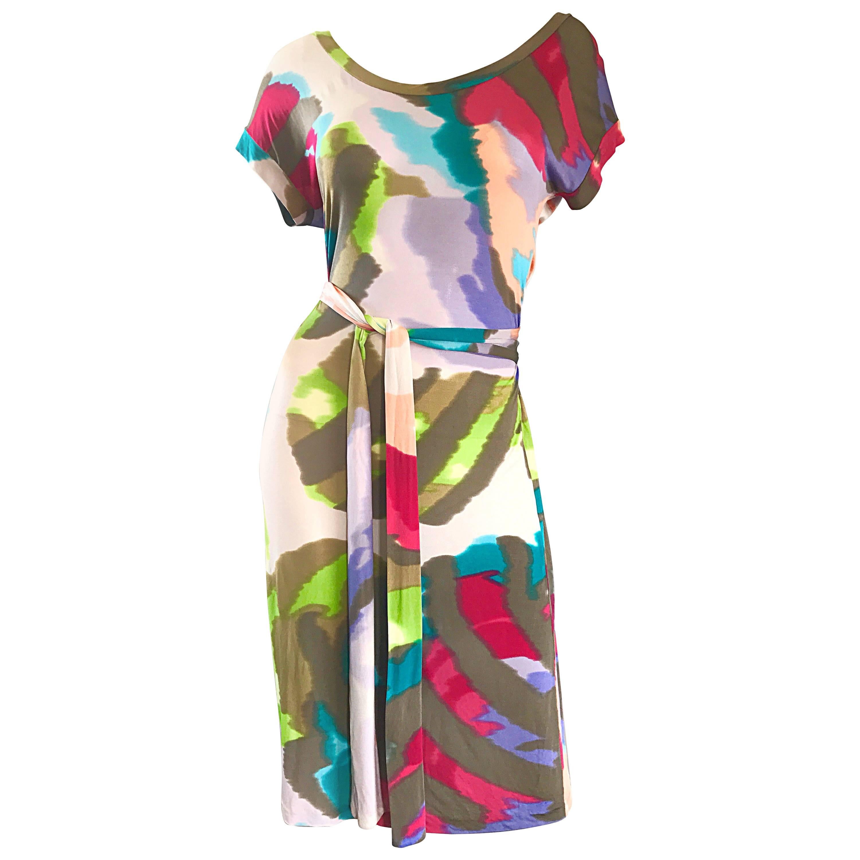 New Etro Silk Jersey Tie Dye Print Belted Short Sleeve Vibrant Colorful Dress  For Sale