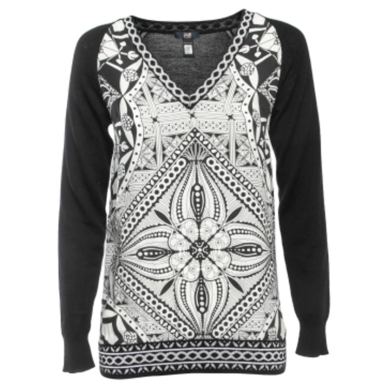 Class by Roberto Cavalli Pull à col V en laine et soie imprimée noir S.I.V.A. en vente