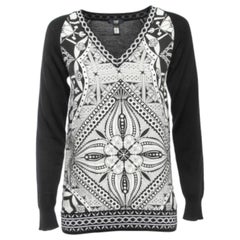 Class by Roberto Cavalli Pull à col V en laine et soie imprimée noir S.I.V.A.