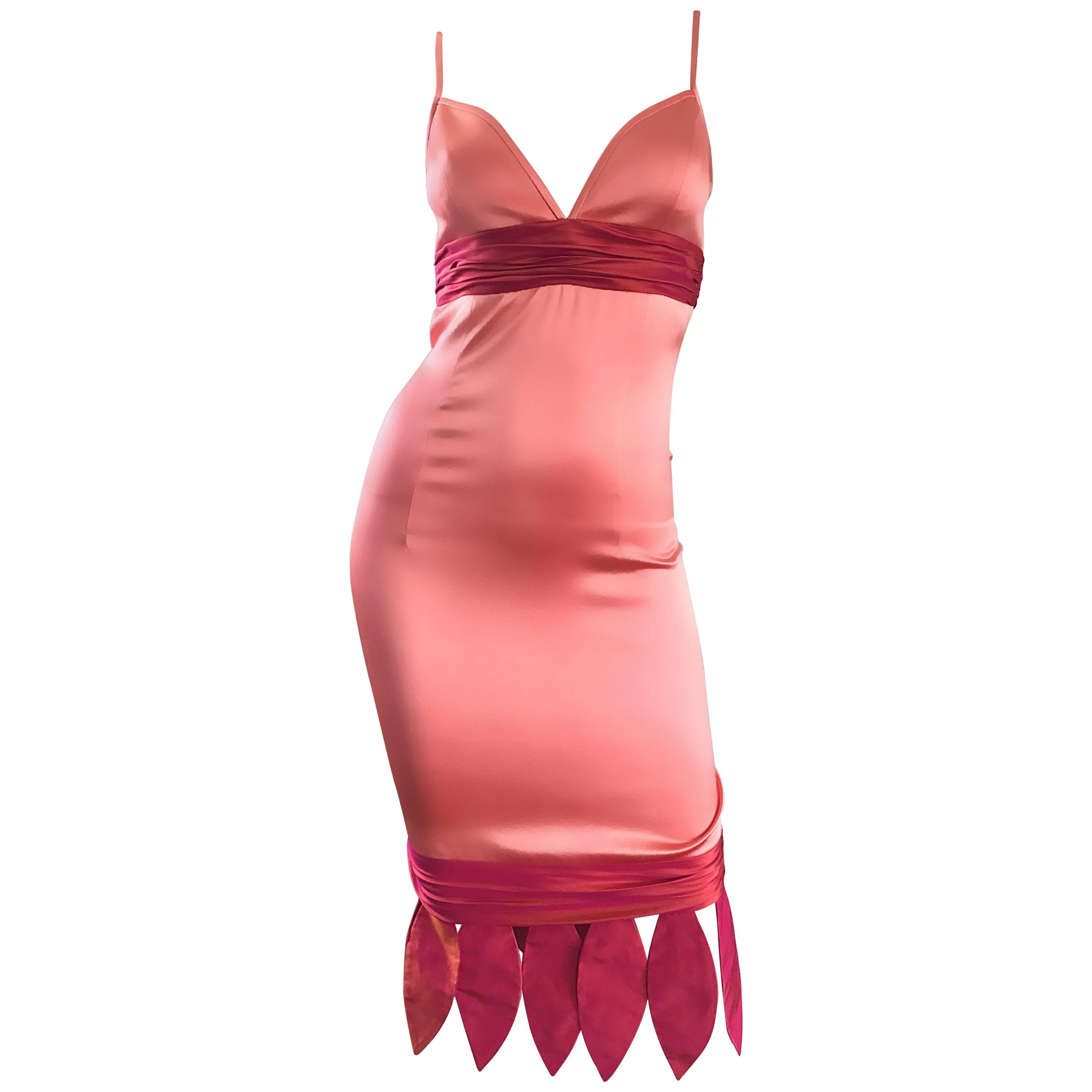 Rare 1990s Coltrane Conui Couture Pink + Raspberry ' Petal ' Silk Bodycon Dress 