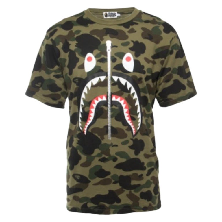 A Bathing Ape Military Camo Shark Print Cotton Crew Neck Half Sleeve T-Shirt XL