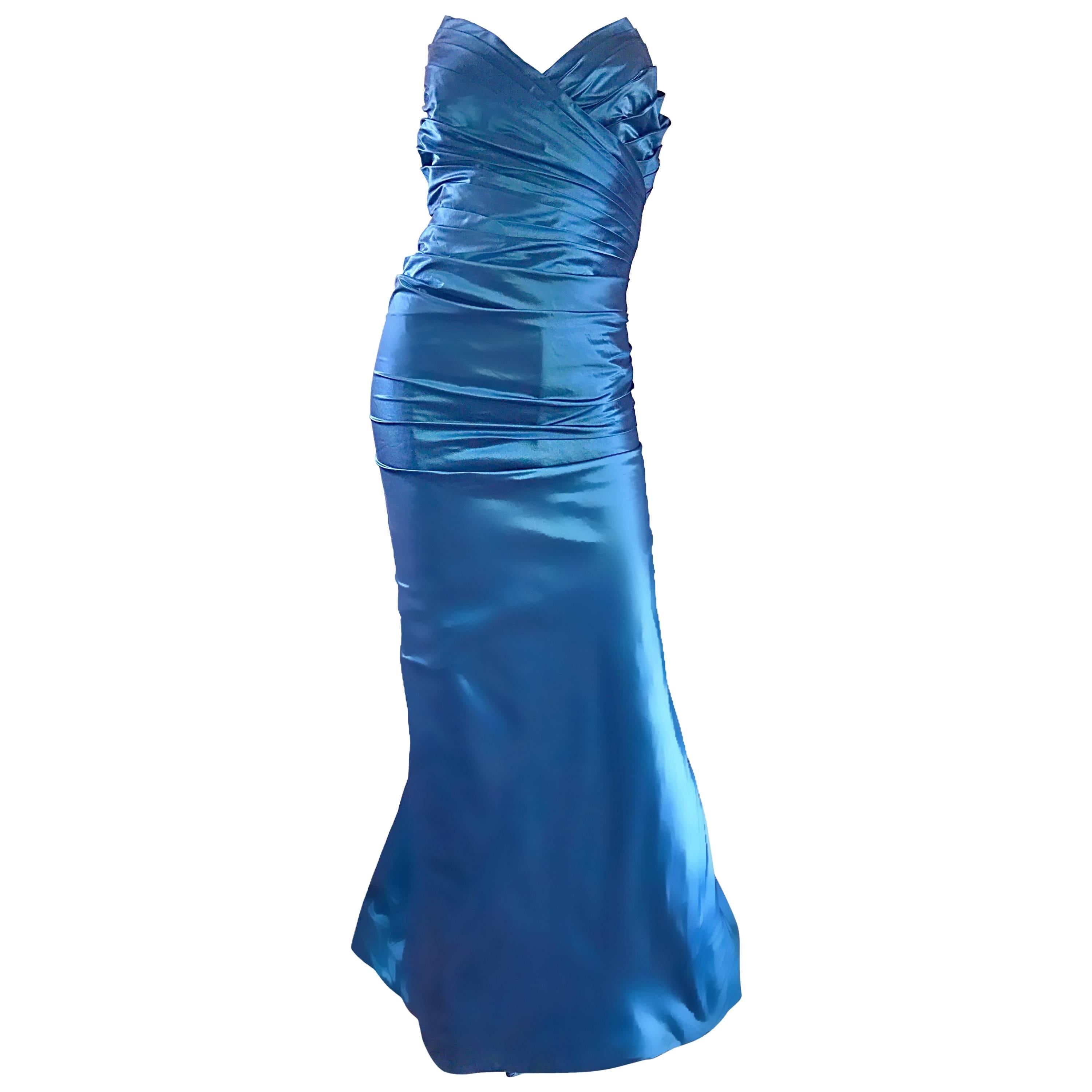 Vintage Ronald Nivelais Sz 10 Bergdorf Goodman Blue Silk Taffeta Strapless Gown For Sale