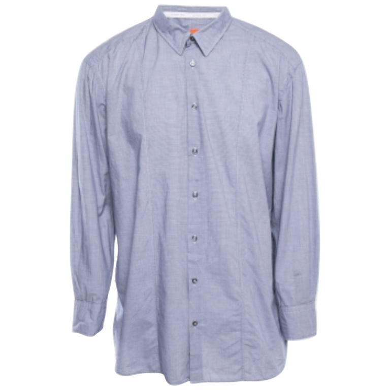 Boss By Hugo Boss Blaues Micro Checked Cotton Button Front Full Sleeve Shirt XXXL