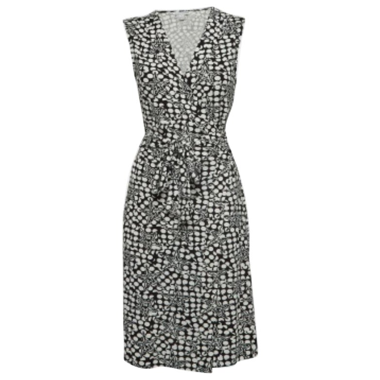 Diane von Furstenberg Black/White Geometric Print Jersey Midi Wrap Dress L