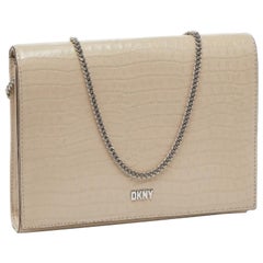 DKNY Beige Croc Embossed Leather Logo Flap Chain Shoulder Bag