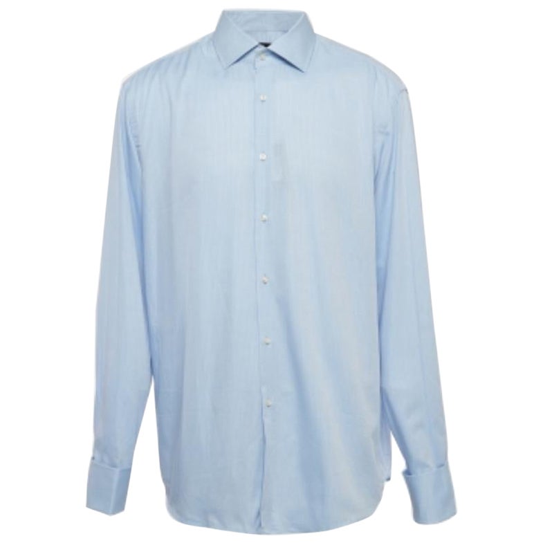 Boss By Hugo Boss - Camicia a maniche lunghe in cotone gessato blu XXXL in vendita