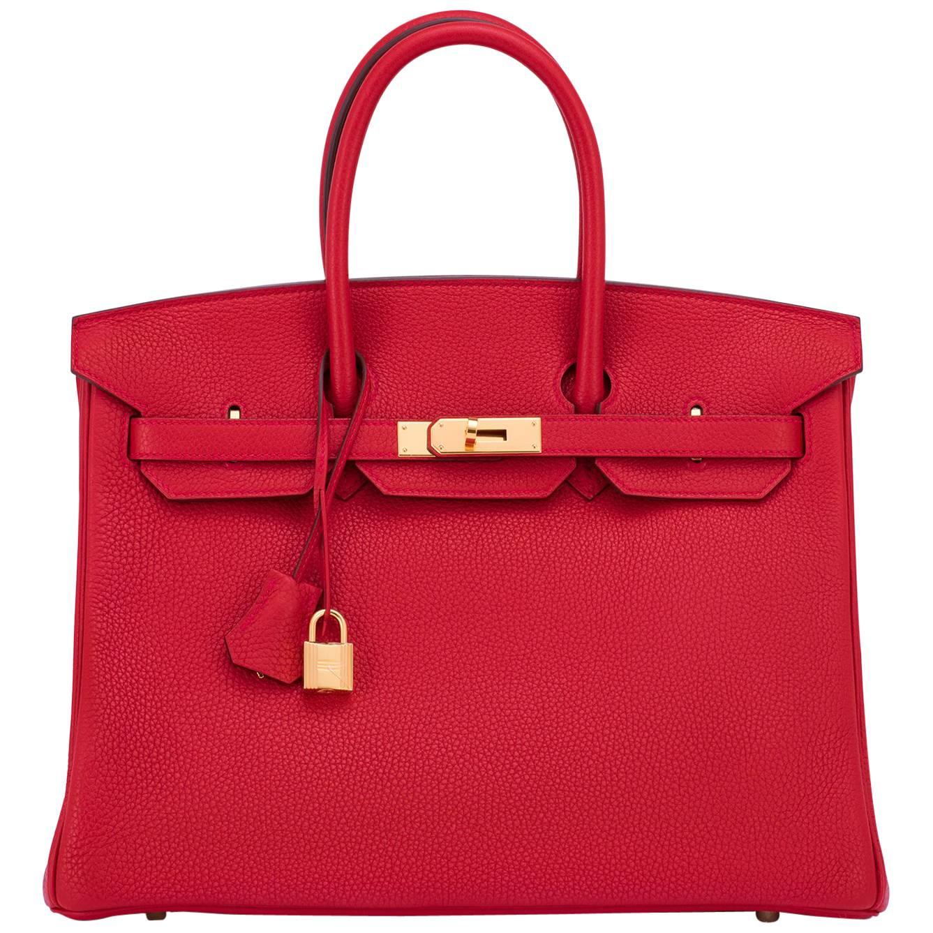 Hermes Rouge Casaque 35cm Clemence Red Birkin Bag Gold Hardware