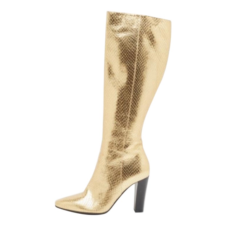 Saint Laurent Botas hasta la rodilla de piel de lirio dorada con pitón en relieve Talla 35