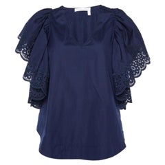 See By Chloe Top con mangas acampanadas y ribete de encaje de algodón azul S