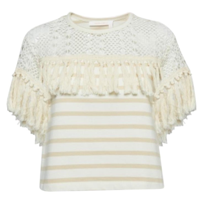 See By Chloe Camiseta de algodón a rayas con ribete de ganchillo beige XS en venta