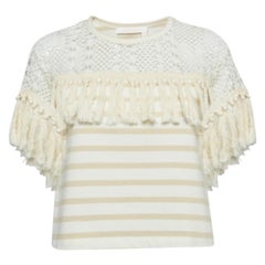 See By Chloe Camiseta de algodón a rayas con ribete de ganchillo beige XS