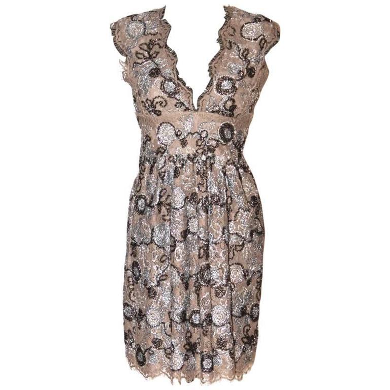 BURBERRY Silver and Bronze Floral Pattern Lace Dress For Sale at 1stdibs