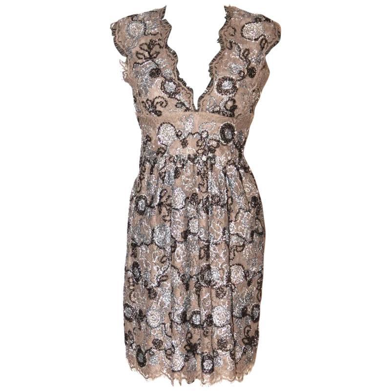 BURBERRY Silver and Bronze Floral Pattern Lace Dress 