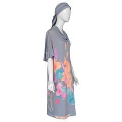 Leonard Paris Vintage Signed Floral Caftan Dress with Matching Belt Scarf, 1980s