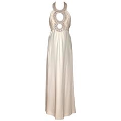 LORIS AZZARO "3 Anneaux" Collection Ivory Silk Jewelled Collar Evening Gown 