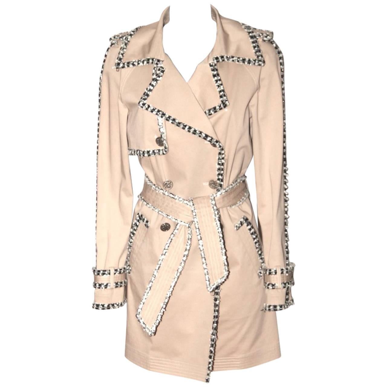 Chanel Beige Trench Coat – White/Black Tweed Trim 