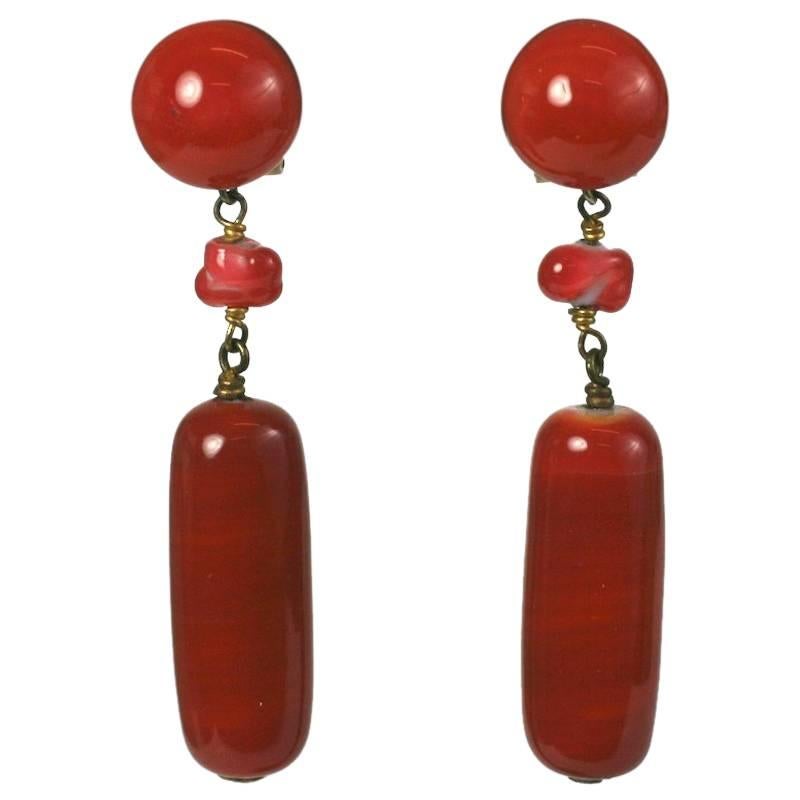 Louis Rousselet Art Deco Faux Coral Pate de Verre Drop Earrings For Sale