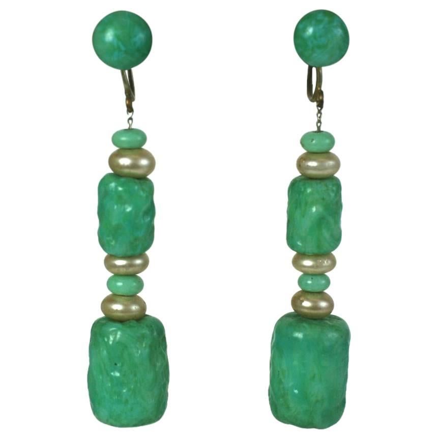 Louis Rousselet Art Deco Jade Pate de Verre Earrings For Sale