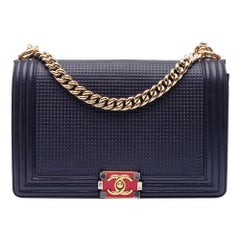 Chanel Navy Medium Lambskin Embossed Cube Boy Flap
