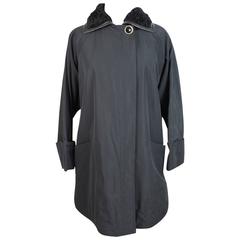 1980s Gianni Versave Black Raincoat Waterproof Shearling & Leather Neck